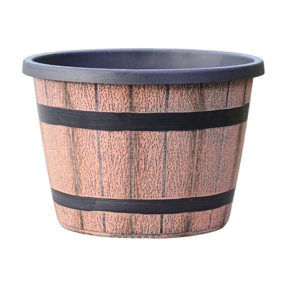 Retro Wood Planter Plastic Barrel Flower Pot with Bottom Drainage Holes for Indoor Outdoor Garden Plants Decorative Rustic Container Large Capacity Heavy Duty Planter Pot 8 x 5.5 Inches