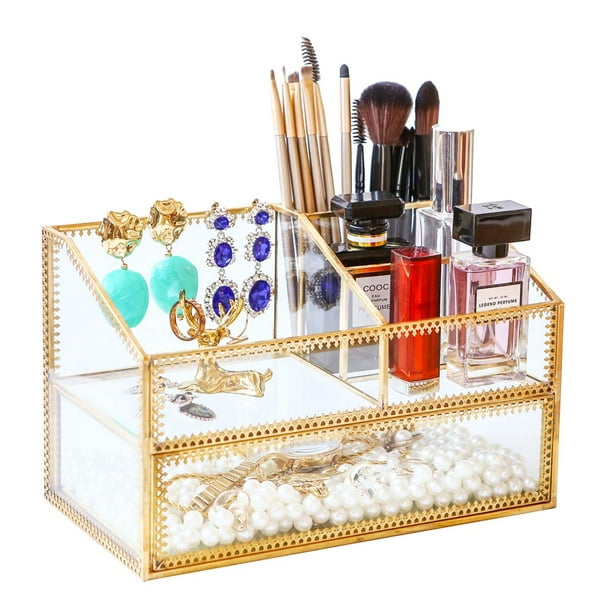 Organizador de maquillaje Vanity Tray Levilan, caja de cristal dorado