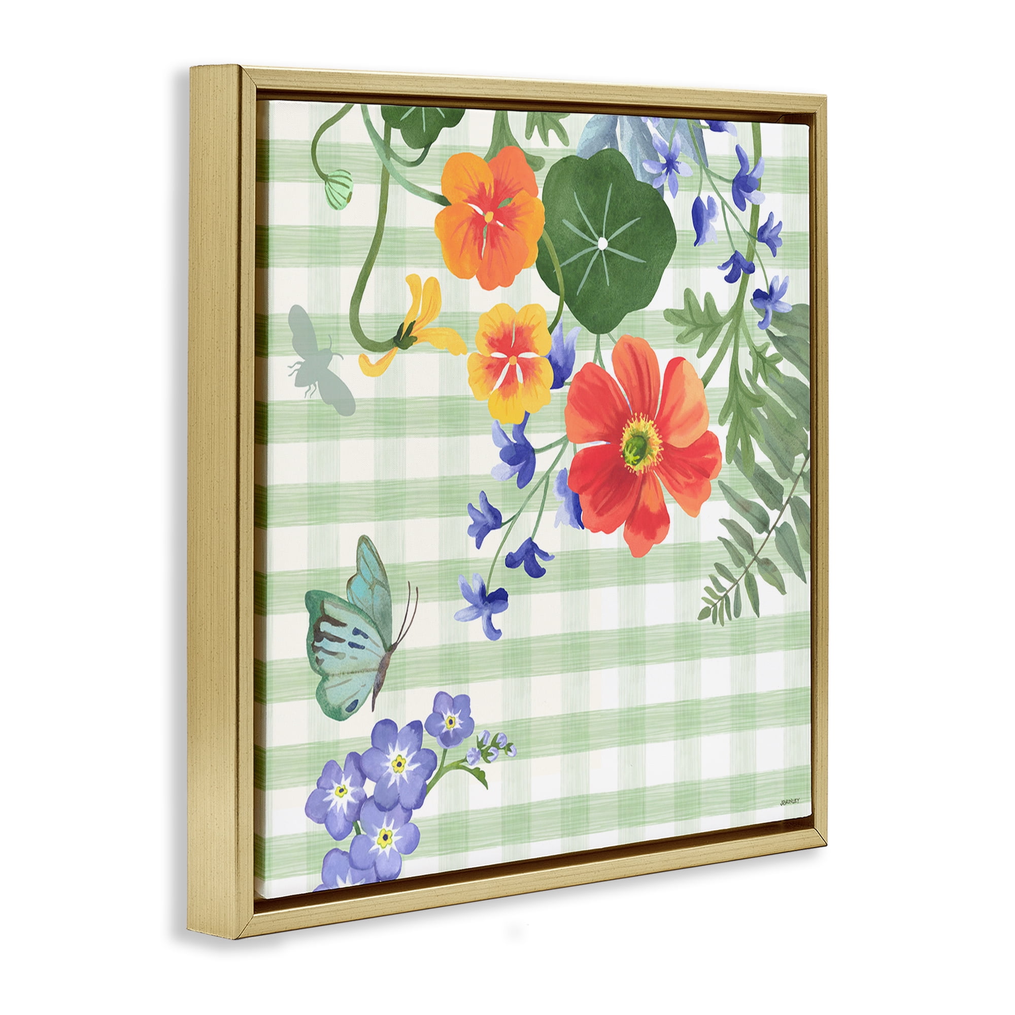Stupell Industries Green Gingham & Poppies Botanical & Floral Painting Gold Floater Framed Canvas Art Print Wall Art, 18 x 18