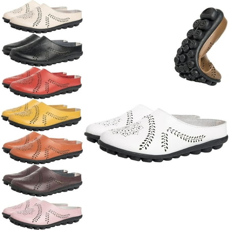 

Owlkay Casual All-Match Hollow Slippers Owlkay Shoes for Women Comfy Loafers Women s Low Top Flat Leather Sandals Hollow Flats Slip-on Summer Slippers (White 6.5)