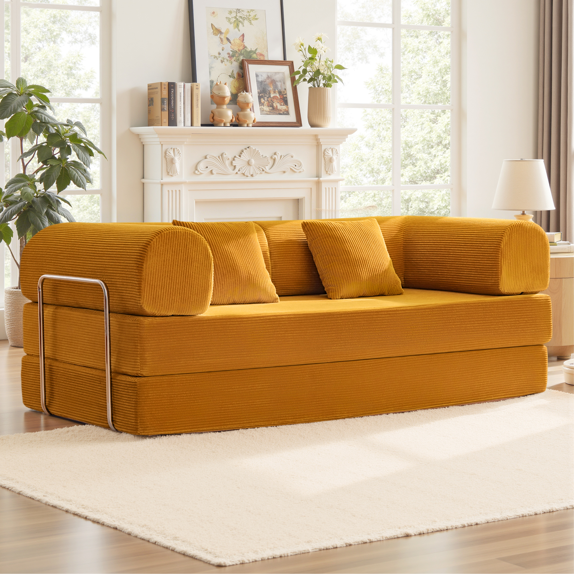 COOLHUT 78.7" W Combination Sofa, High Rebound Density Foam Sofa Couch, Two Forms Floor Couch Three Seats Sofa Bed for Living Room, Bedroom, Ginger