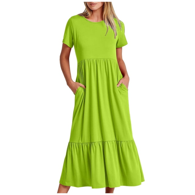 Meichang Robes d'Été pour Femmes avec Poches Manches Courtes Décontractées Col Rond Robes à Étages Robe Longue Maxi Évasée pour Vacances à la Plage