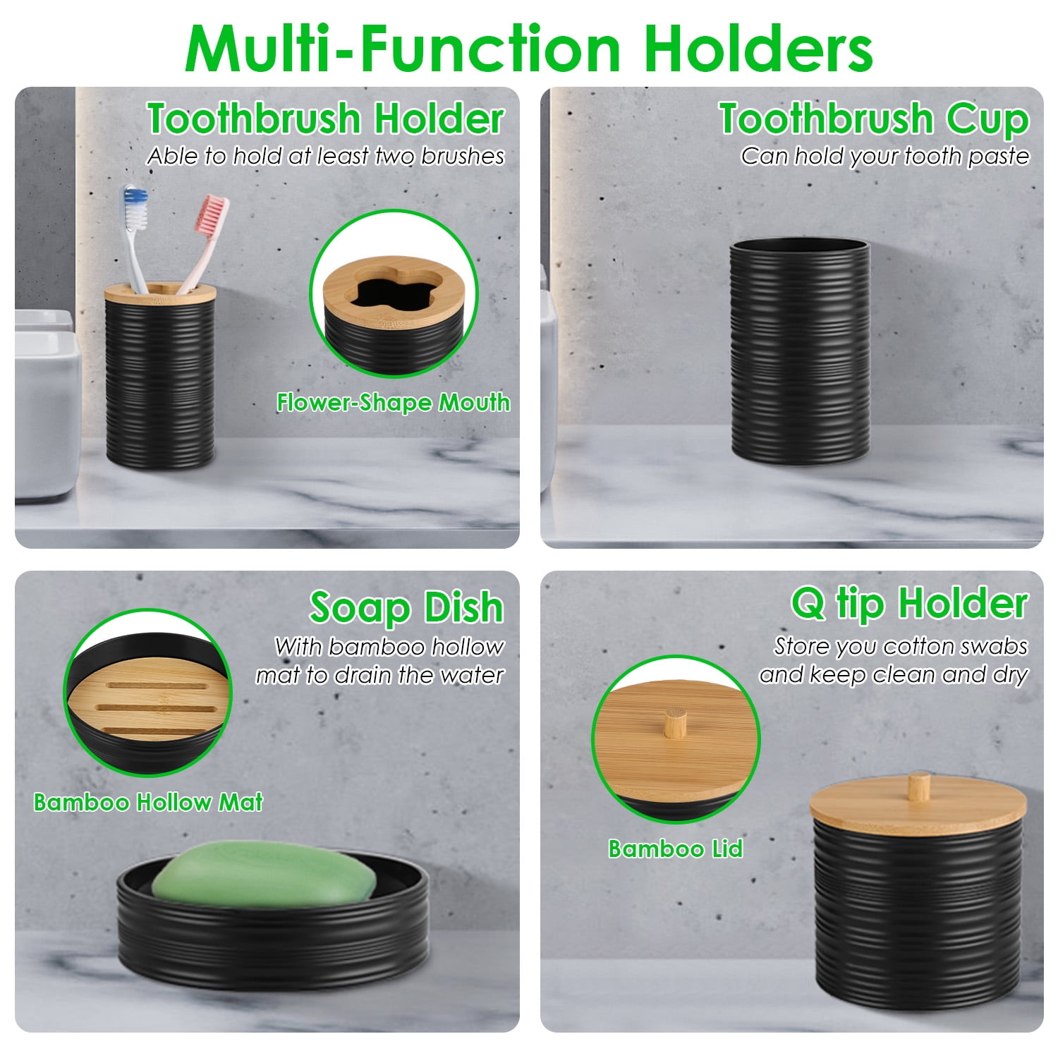Imountek 8Pcs Bathroom Accessories Set, ABS & Bamboo Black Bathroom Decor Sets with Trash Can Toilet Brush for Home Hotel Office