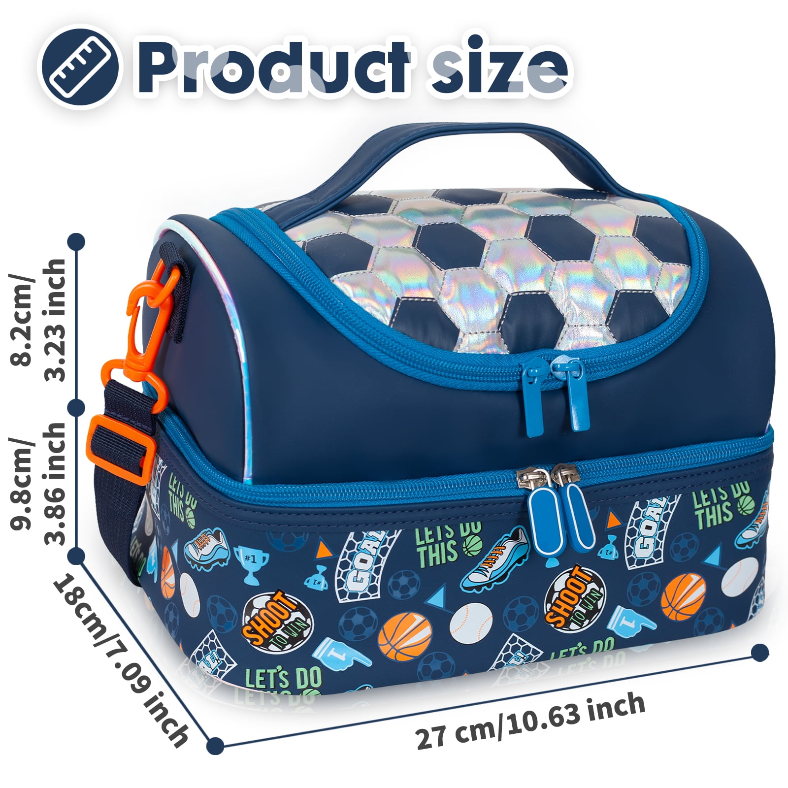 YOYTOO Insulated Lunch Bag, Double Deck Lunch Tote Bag Cooler Box with Adjustable Strap, Soccer