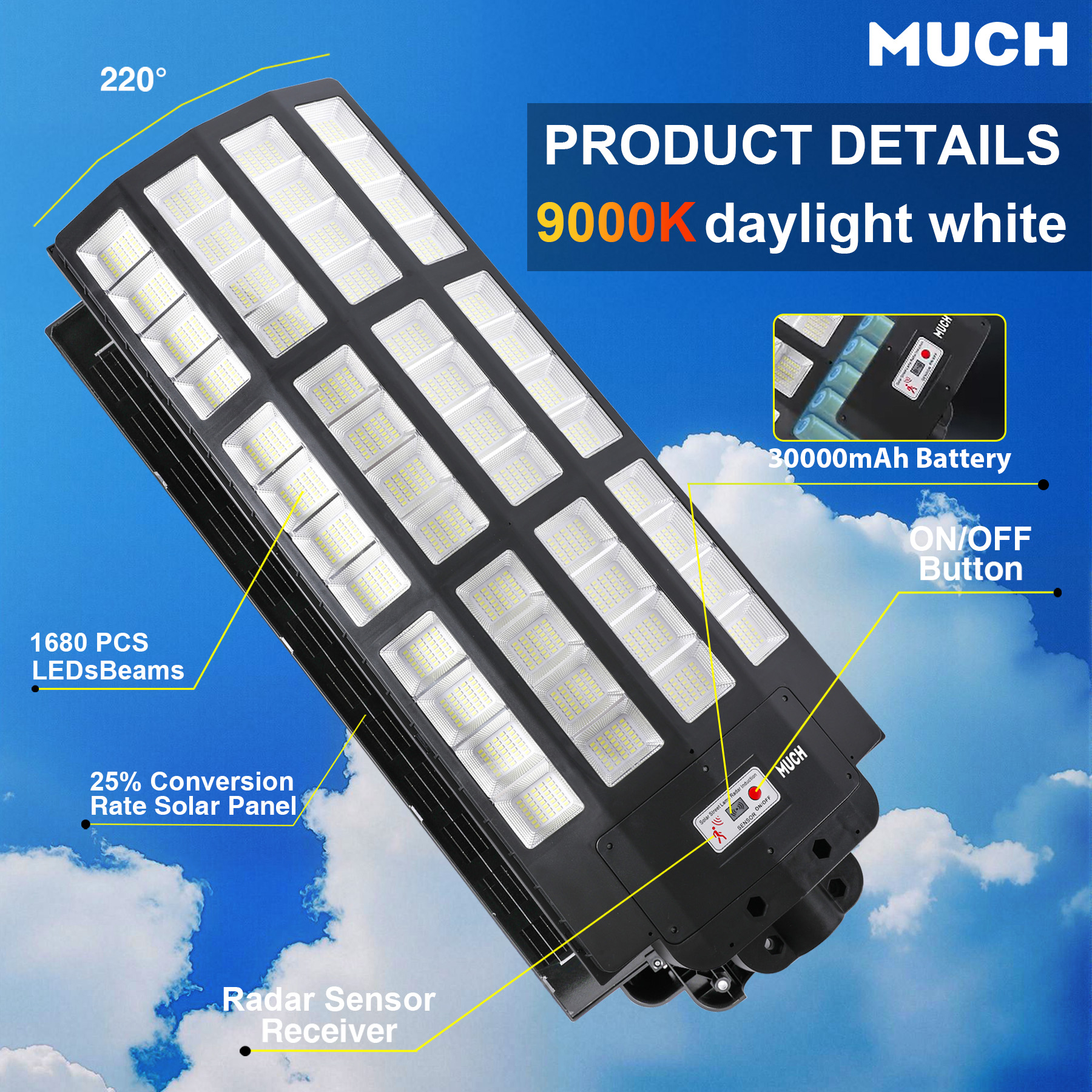 MUCH 10000W 1680 LED Solar Street Light - IP67 Dusk to Dawn with Motion Sensor & Remote, Commercial Grade Solar Flood Lights for Parking Lots & Outdoor Security Lighting