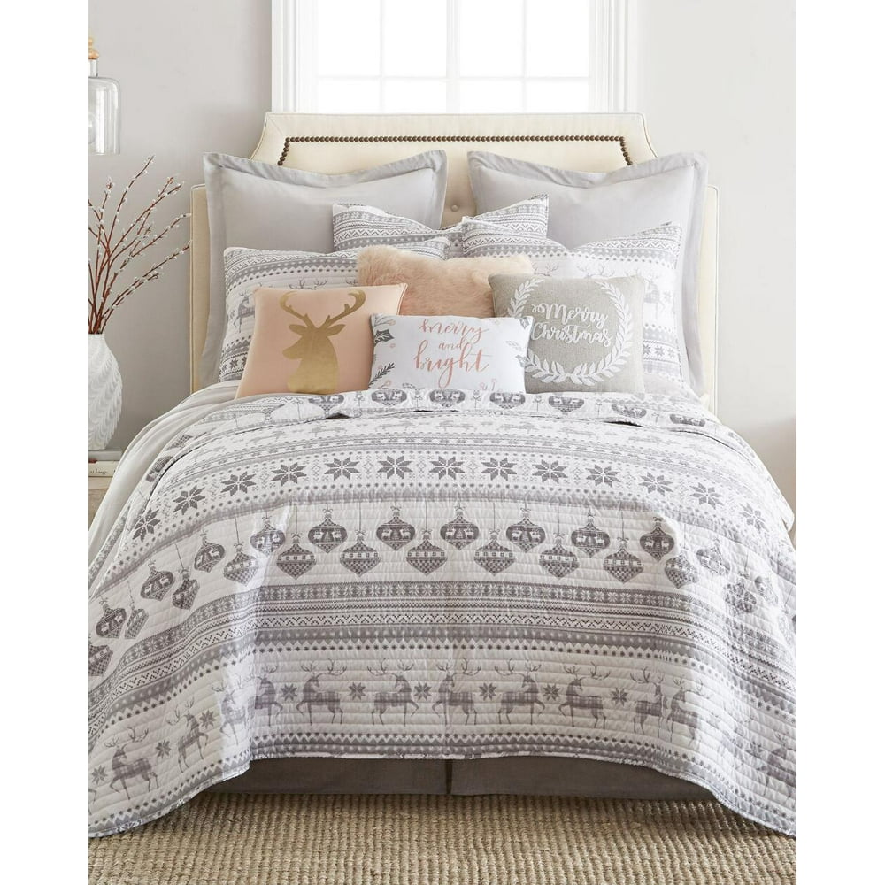 Christmas Silver Bells Reindeer Gray Holiday Twin Quilt & Sham Set (2