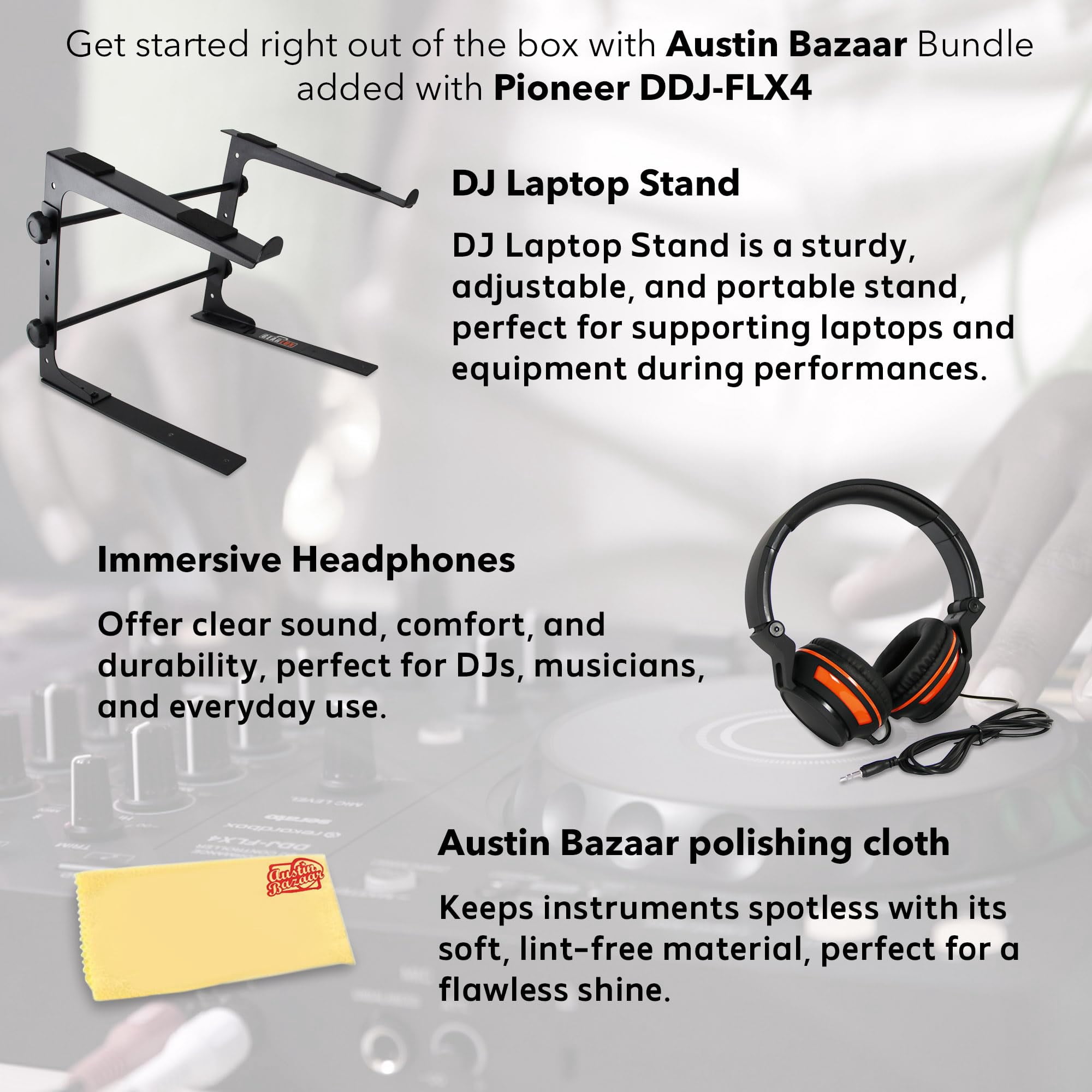 Pioneer DDJ FLX4 DJ Controller - Black Bundle with Laptop Stand, Headphones, and Austin Bazaar Polishing Cloth