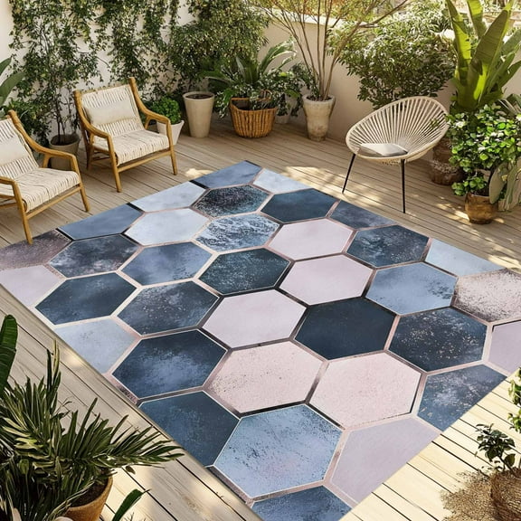 Fsddascl Navy Blue Grey Outdoor Rug for Patio/Deck/Porch, Non-Slip Large Area Rug 5 x 8 Ft, Modern Abstract Art Geometric Indoor Outdoor Rugs Washable Area Rugs, Reversible Camping Rug Carpet Runner