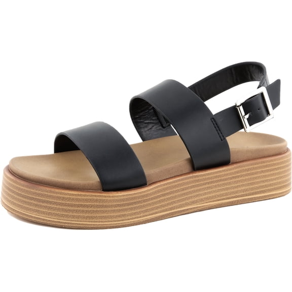 Hailey Platform Strap Sandals for Women – Faux Leather Sandals Women’s Summer Shoes – Comfortable Flat Sandals, Black - US 6M