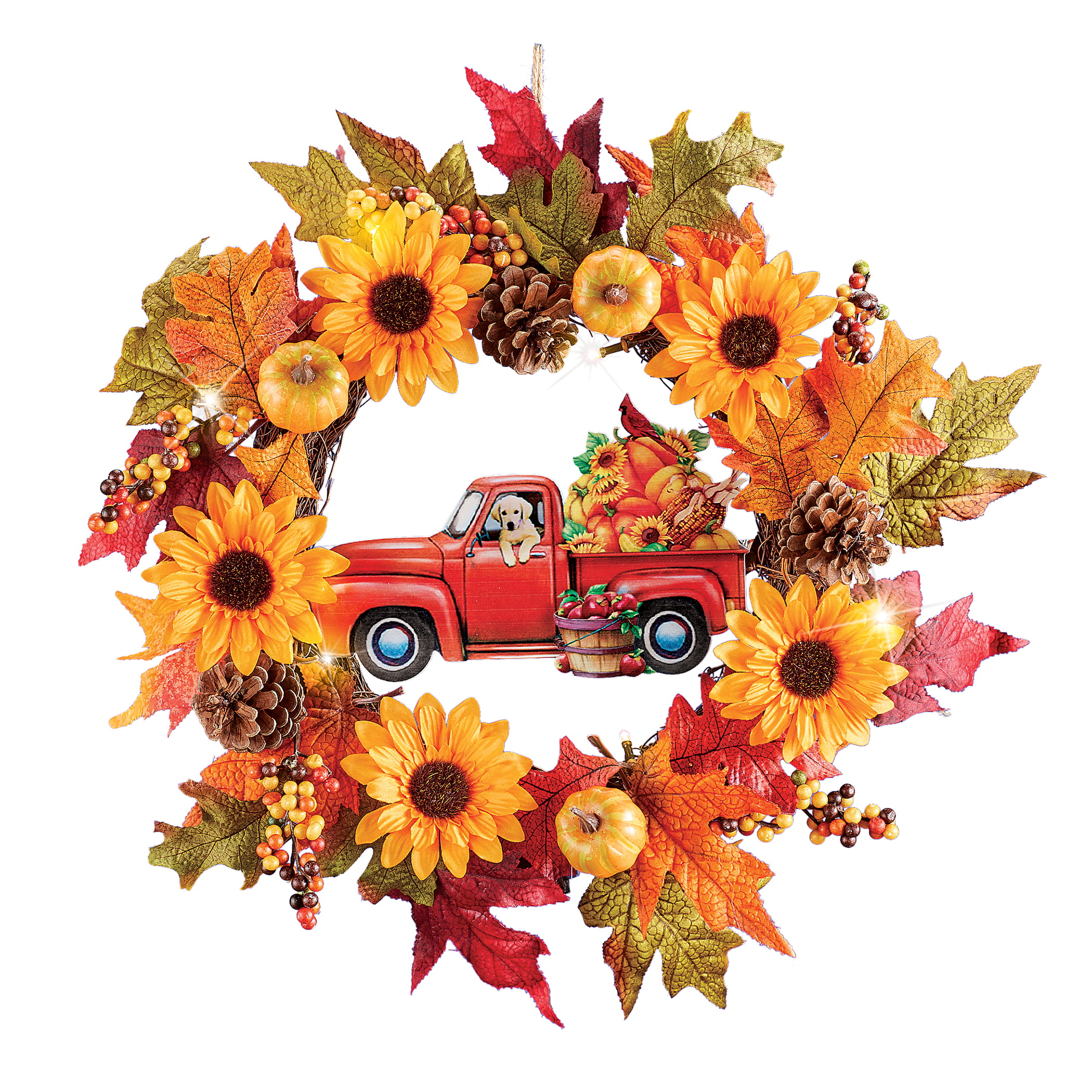 LED Lighted Autumn Floral Harvest Red Pick-Up Truck Wreath | Fall ...