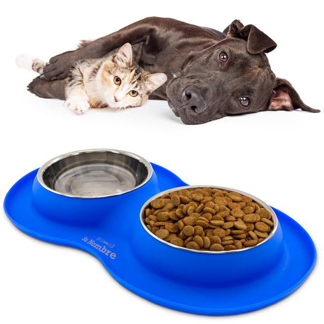Dos Platos de 400 ml KE WOOW Tapete de Silicon Doble Plato para Perro Acero Inoxidable Tamaño Mediano Color Azul