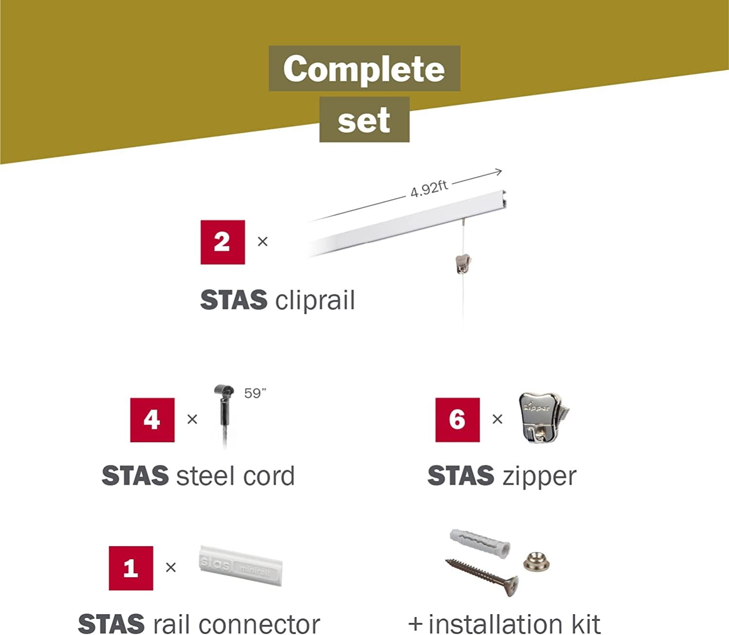 STAS Cliprail Picture Hanging System Set - Covers 9.84 ft of Wall Space - Basic Picture Rail & Art Hanging Gallery Kit Matte Silver Rails, Includes 6 Hooks & 4 Cords