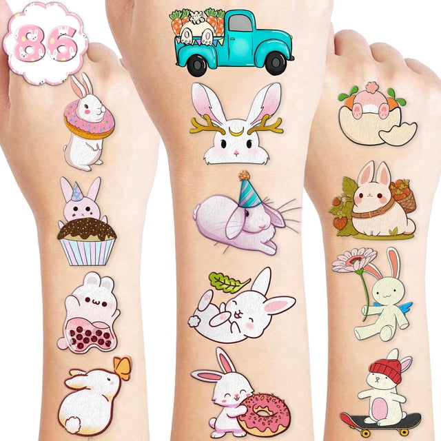 Tatuajes temporales de conejito, 8 hojas, 85 piezas, decoraciones de fiesta de conejo, suministros de recuerdos, tema de conejito de Pascua, cumpleaños, pegatinas de tatuaje lindas, regalos de Navidad