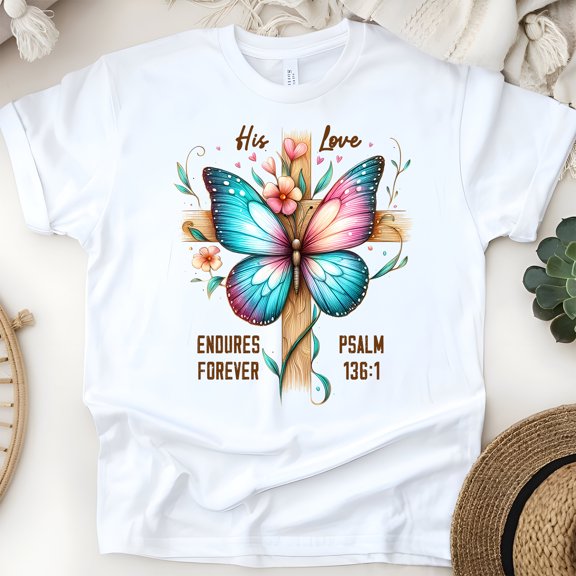 Christian His Love Endures Forever Psalm 136:1 Butterfly Cross T-Shirt, White, Size S