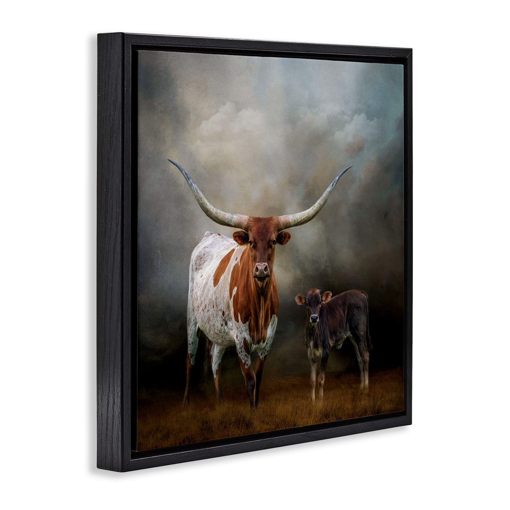 Stupell Industries Longhorn & Calf Babysitter Animals & Insects Painting Black Floater Framed Canvas Art Print Wall Art, 25 x 25