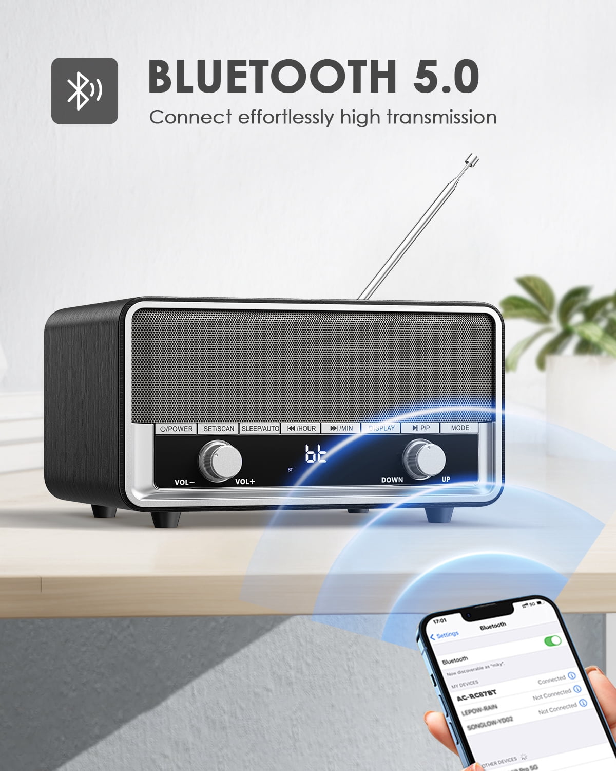 Retro AM FM Radio Plug in Wall, Digital Clock Radio for Bedroom with LCD Display| 40 Presets | Sleep Timer | No Alarm, Retro Bluetooth Speaker for Office,Great Gift Black