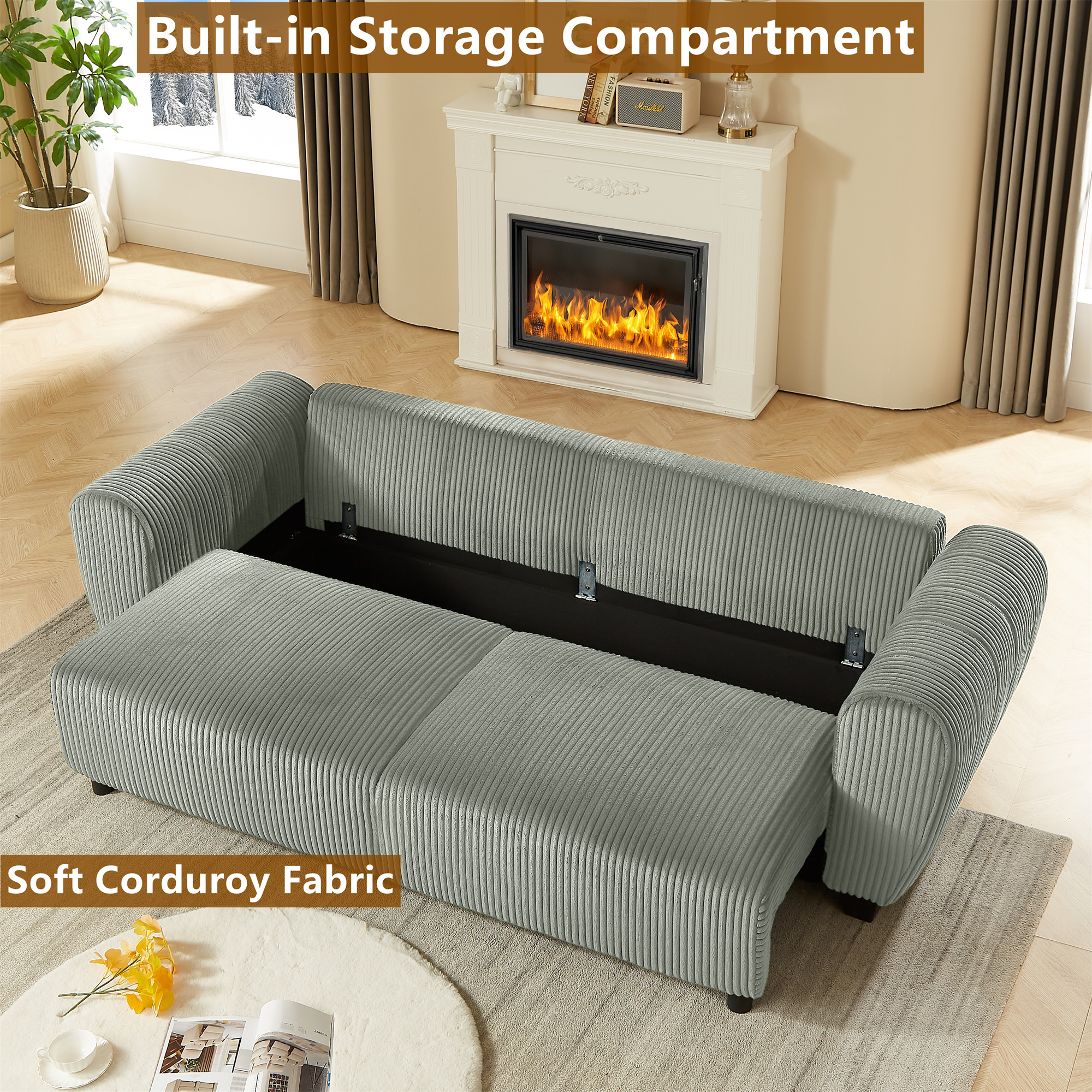 Aukfa 92" Oversized Storage Futon Convertible Sleeper Sofa, Corduroy, 2 Pillows, Light Gray