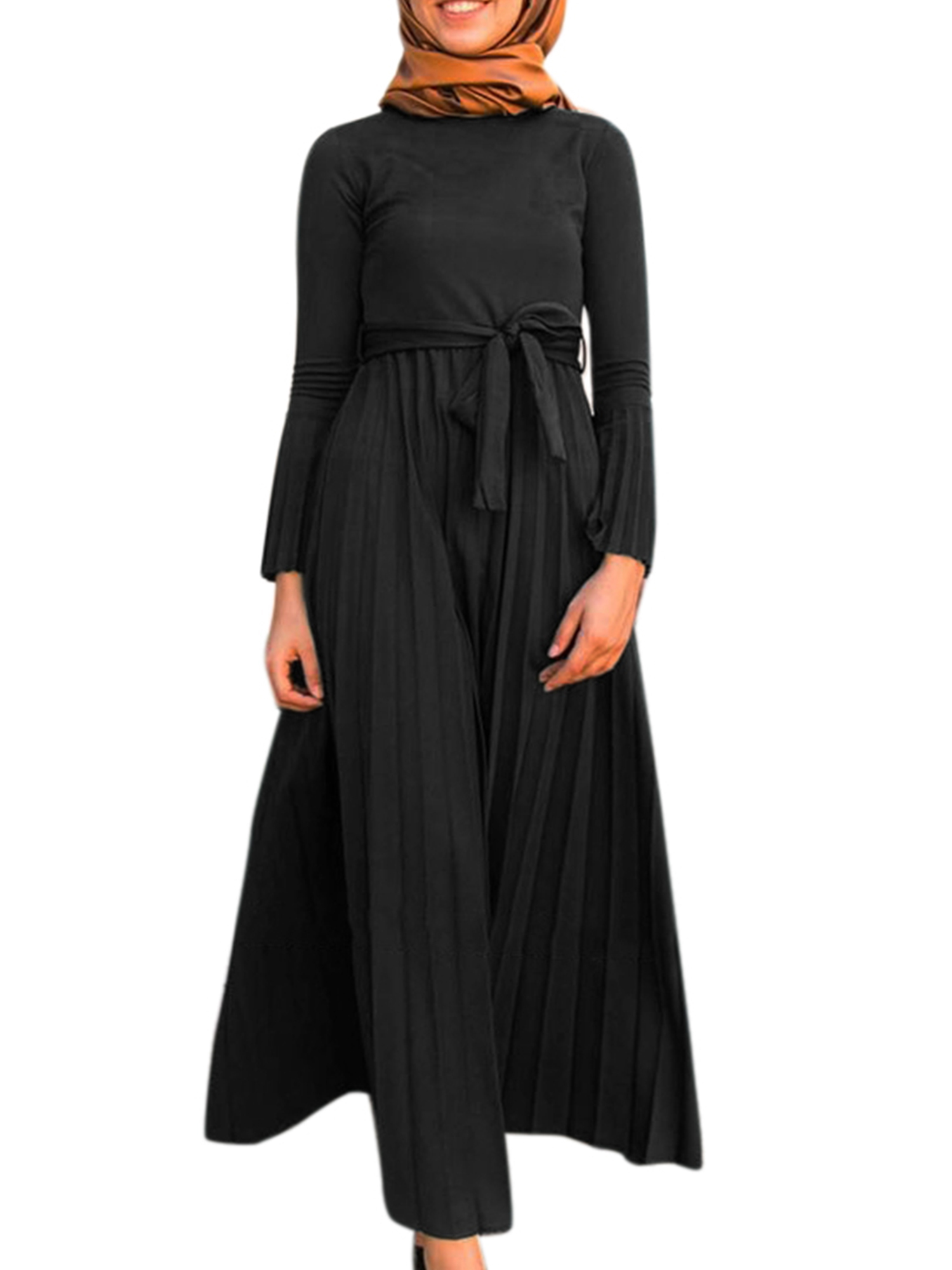 Womens Muslim Belted Crew Neck Maxi Dress Kaftan Abaya Dubai Pleated