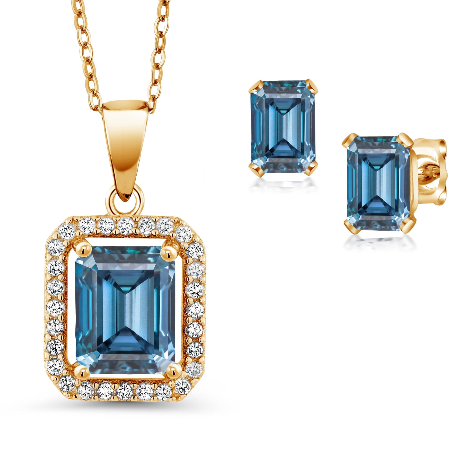 Gem Stone King 18K Yellow Gold Plated Silver Persian Blue Moissanite Pendant and Earrings Jewelry Set for Women (3.52 Cttw, Emerald Cut 9X7MM and 6X4MM, Gemstone Birthstone, with 18 inch Chain)