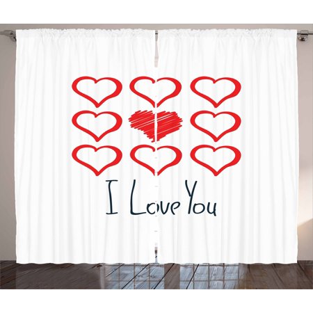 Romantic Curtains 2 Panels Set Hand Drawn Style Red Hearts Set