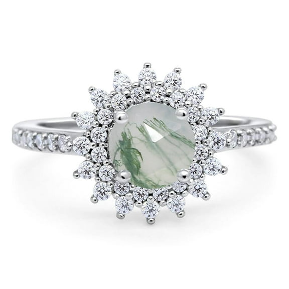 Halo Art Deco Natural Green Moss Agate Halo Wedding Round Ring 925 Sterling Silver Size 5