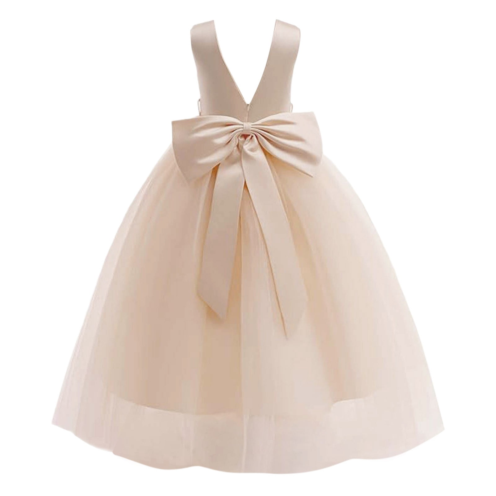 Wdgfv Flower Girls Satin Pageant Dress Wedding Kids Pearls Prom Gowns Elegant Bow Knot Formal Occasion Outfit Beige 6-7 year