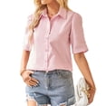 thumbnail image 1 of Camisa casual de mujer Mangas cortas plisadas Cuello vuelto Color puro Top de verano para uso diario Rosa L, 1 of 6
