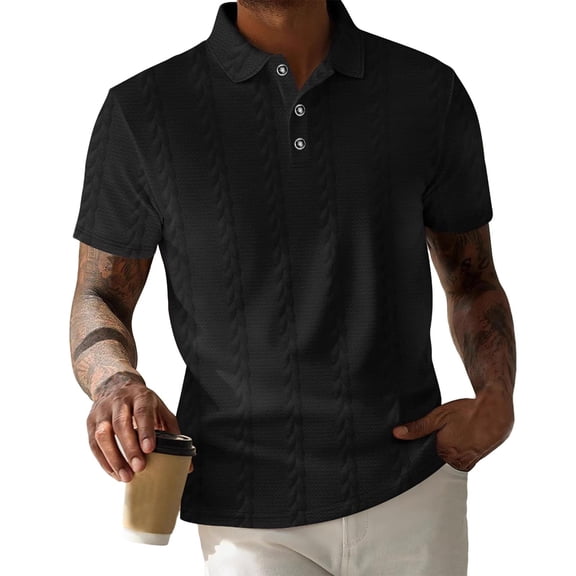 Fewfanhot Men's Cable-Knit Textured Collared Short Sleeve Top, Casual 3-Button Shirt, Breathable Summer Tee Tops, S-3XL
