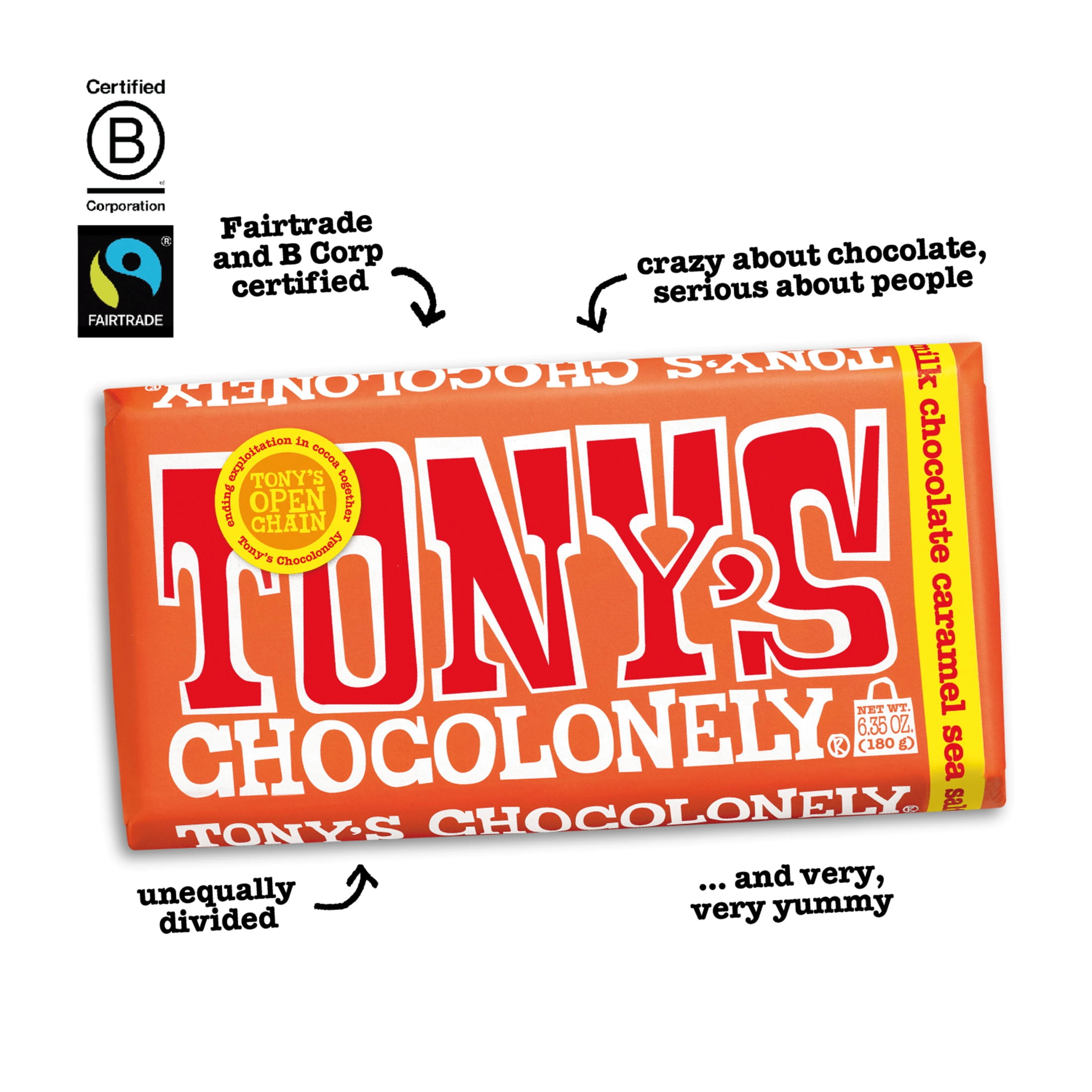 (3 pack) Tony's Chocolonely Milk Chocolate Bar with Caramel and Sea Salt, 6.35 oz