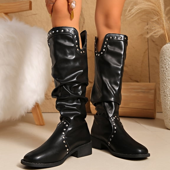 Knee High Boots Women Thick-Soled Chunky Low Heel Round Toe Booties Fashion Casual Solid Color Comfortable Fall Winter Warm Shoes for Women Black 6