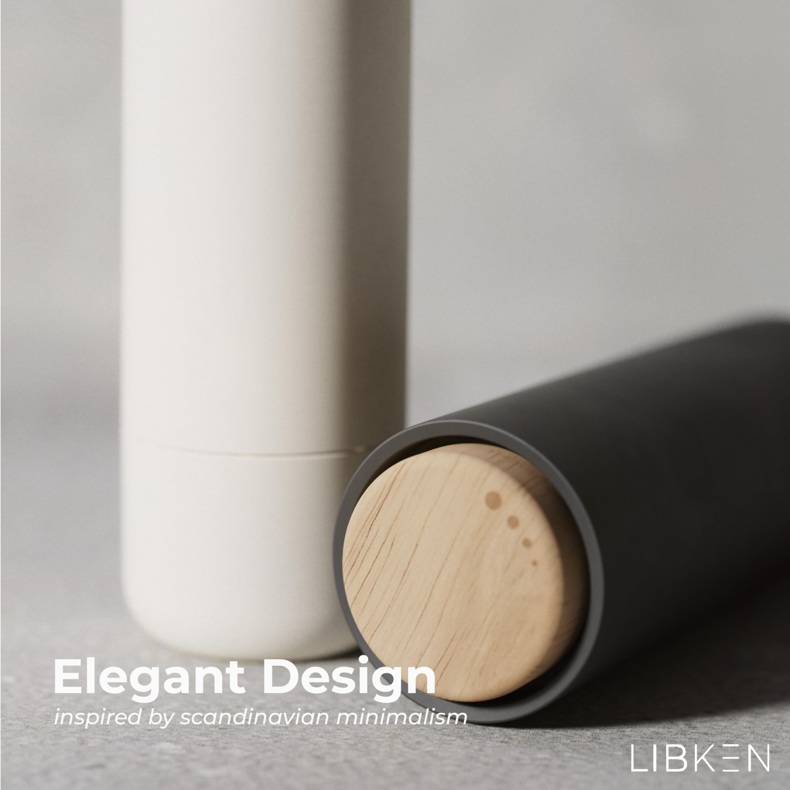 LIBKEN - Salt and Pepper Grinder Set - Adjustable Ceramic Grinder - Premium Spice Shaker - Condiments Dispenser - Easy to Refill - Wood and soft coated plastic - 6.2 x 2.2 inch (White and Grey)