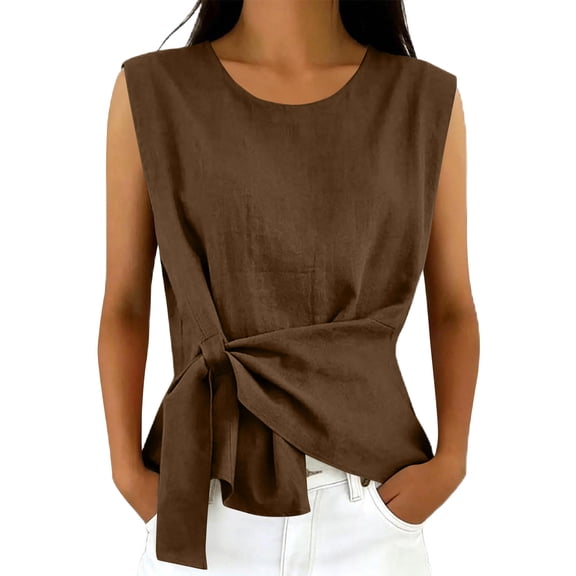 Sewkxo Womens Linen Wrap Tank Top 2026 Ruched Tie Side Sleeveless Crew Neck Shirt Casual Summer Beach Blouse Going Out Top,Coffee L