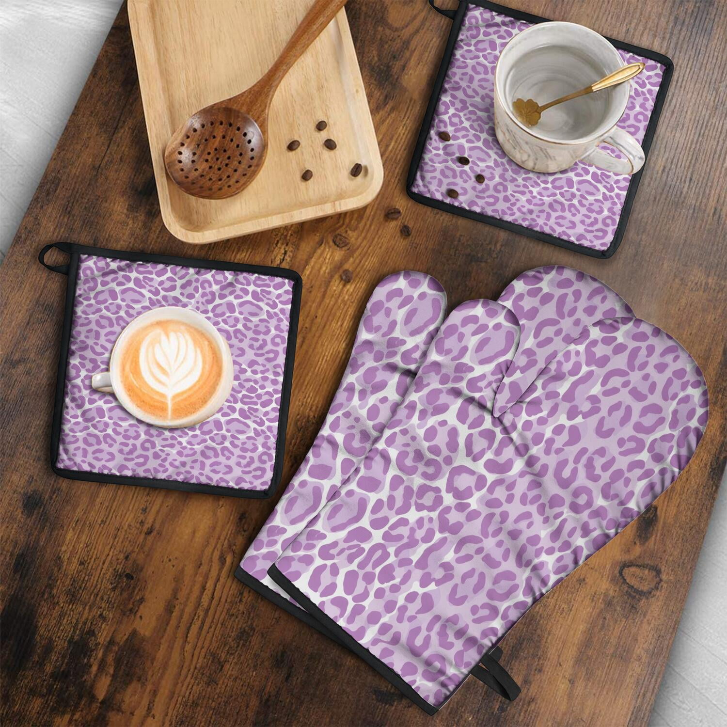 Leopard Print Oven Mitts and Pot Holders Set Of 4, Heat Resistant Kitchen Gloves with Non-Slip Grip, Hanging Loop, Soft Cotton Lining for Baking, Cooking, Grilling, Barbecue