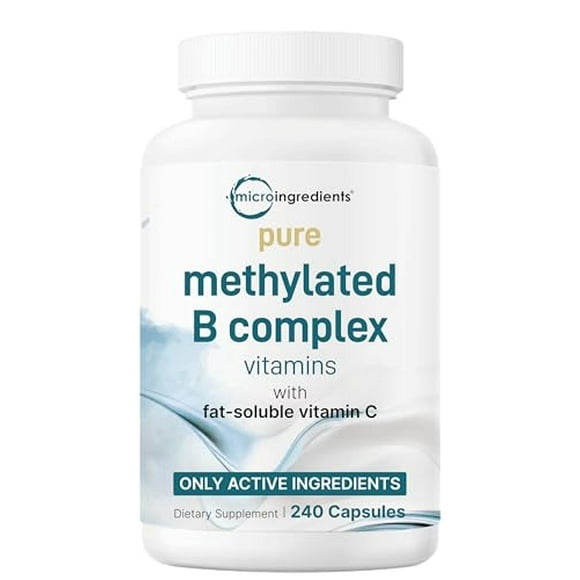 Complejo B puro metilado para mujeres y hombres | 240 Cápsulas con Vitamina C de Alta Absorción | 11 en 1 con vitaminas B12, tiamina, folato + inositol, colina y más | Sólo ingredientes activos | Sin