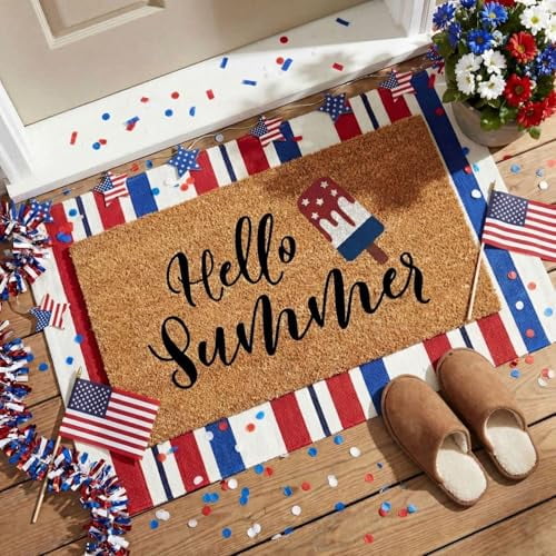 Brythos Red White Blue Stripe Patriotic Coir Doormat 2 Pack, 250th Anniversary USA Welcome Mat Non-Slip for 4th of July Independence Day, Outdoor Front Porch Entrance Decor