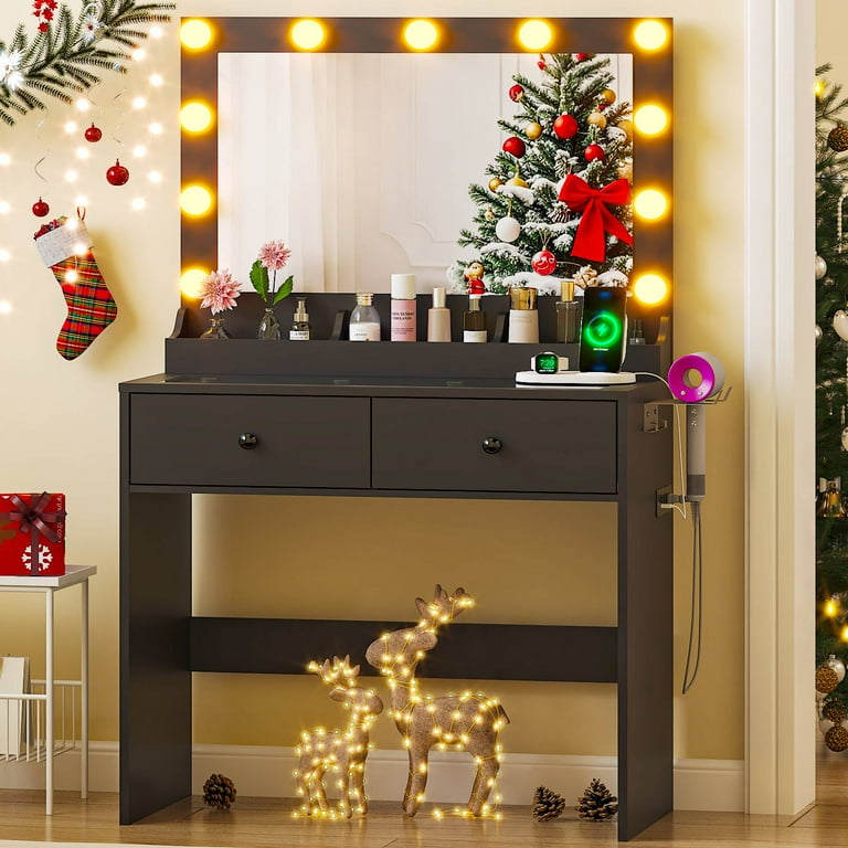 dressing table fairy lights COMHOMA White Vanity Desk with Mirror and Lights, Hairdryer Holder, 5  Drawers, Bedroom Dresser Table for Girls