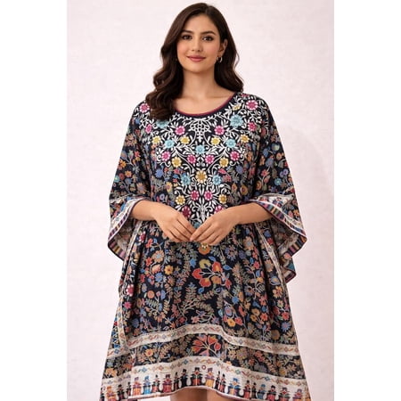 Purple Kalamkari Pattern Kaftan Dress from Kashmir