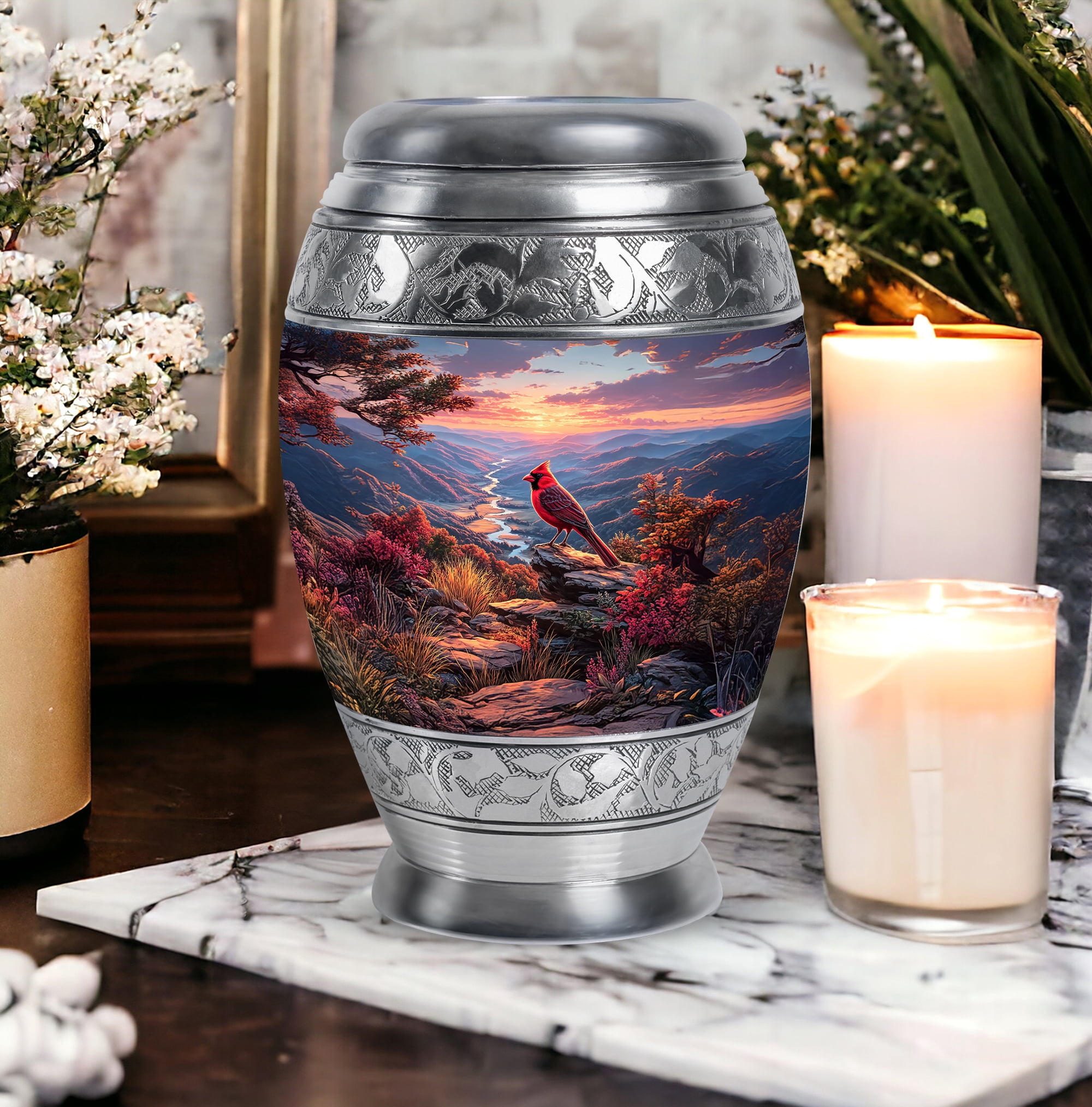 Cardinal Bird Cremation Urn For Adult Male And Female, 1 Large Blue Decorative Urns For Women, Sunset Funeral Urn For Mother, Grey Small Urns For Human Ashes Set Of 4, (10&3) Inch
