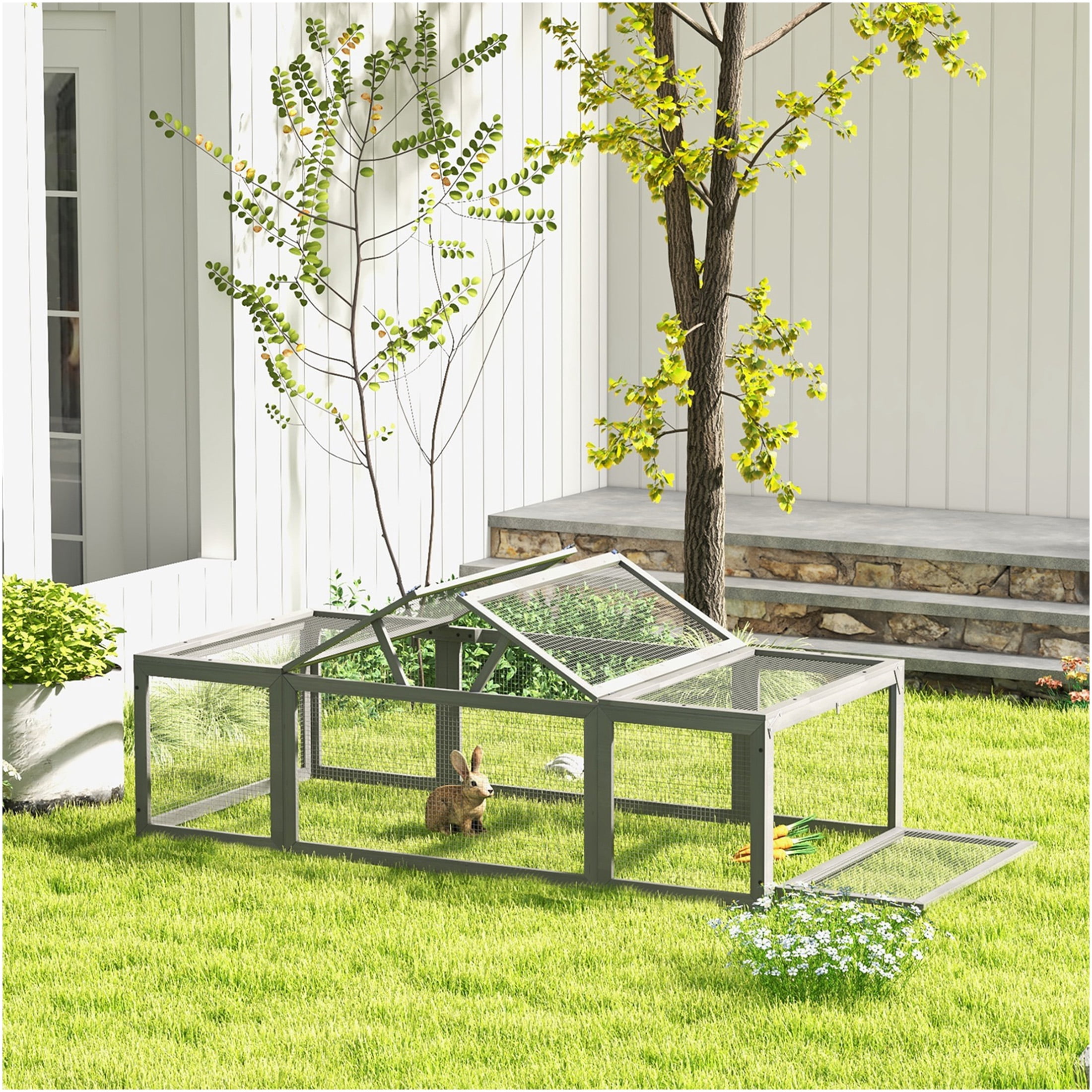 JERFIT Large Outdoor Rabbit Hutch with Run, Wooden Bunny Cage with Lockable Doors, Weather-Resistant Gray Guinea Pig House for Small Animals