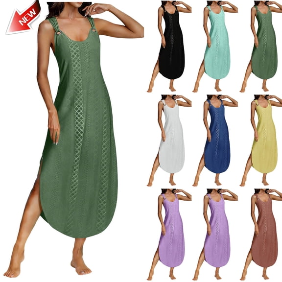 Taqqpue Women Sleeveless Dress Casual Solid Color Scoop Neck Maxi Dress Loose Fit Plus Size Long Dress Beach Vacation Sundress for Women