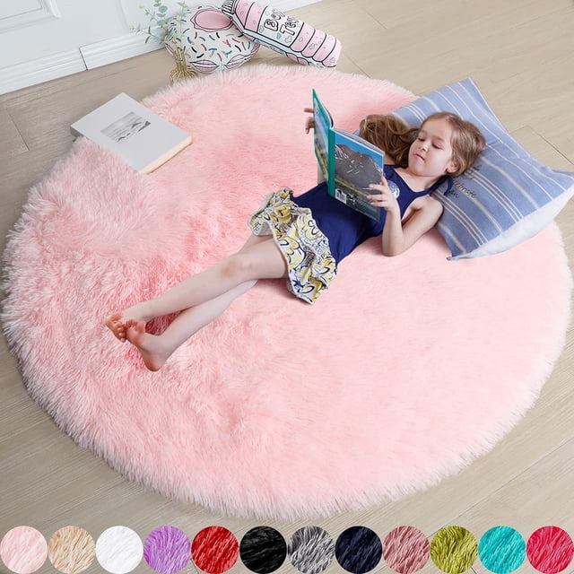 Alfombra redonda color rubor para dormitorio, alfombra circular esponjosa de 4 x 4 pies para habitación de niños, alfombra peluda para habitación de niñas adolescentes, alfombra circular peluda para