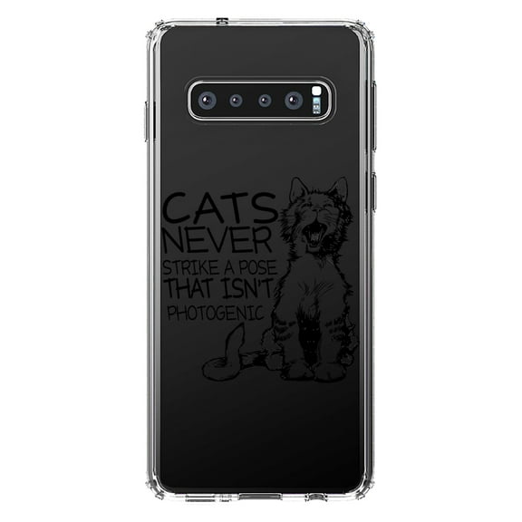 DistinctInk Clear Shockproof Hybrid Case for Samsung Galaxy S10 (6.1" Screen) - TPU Bumper Acrylic Back Tempered Glass Screen Protector - Cats Never Strike a Pose not Photogenic