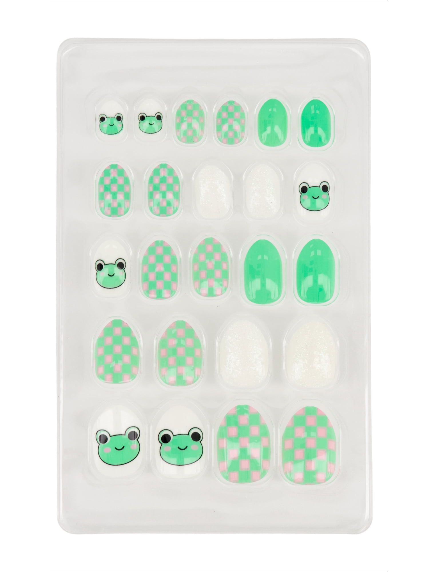 Claire's Tween Girls Green Frog Checkered Almond Shaped Press-on Nails, 24 Nails