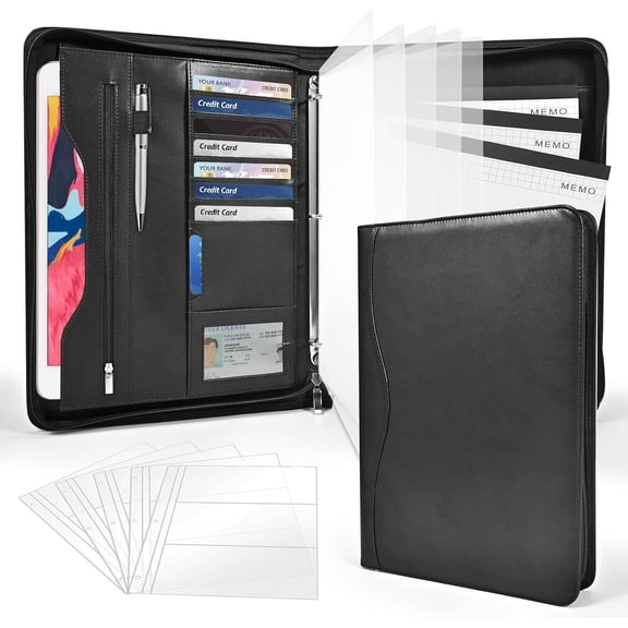 3-Ring Padfolio Portfolio Binder Organizer,PU Leather Folder Binder Business Planner Notebook Zippered Portfolio for Women/Men with Document Sleeve,Letter/A4 Size Clipboard
