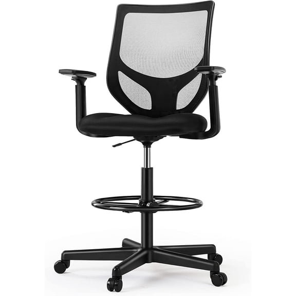 Tall Drafting Chair - Tall Standing Office Desk Chair with Adjustable Foot Ring, Chair with Ergonomic Lumbar Support, Adjustable Height, Breathable Mesh Color: DarkBlack