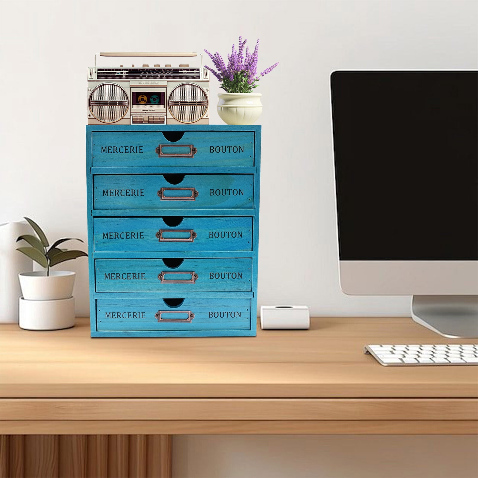 Shangmakel 5-Drawer Wooden Desk Organizer, Vintage Wooden Storage Box with Label Slots Apothecary Cabinet with 5 Drawers Library Card Catalog Cabinet for Offices Home