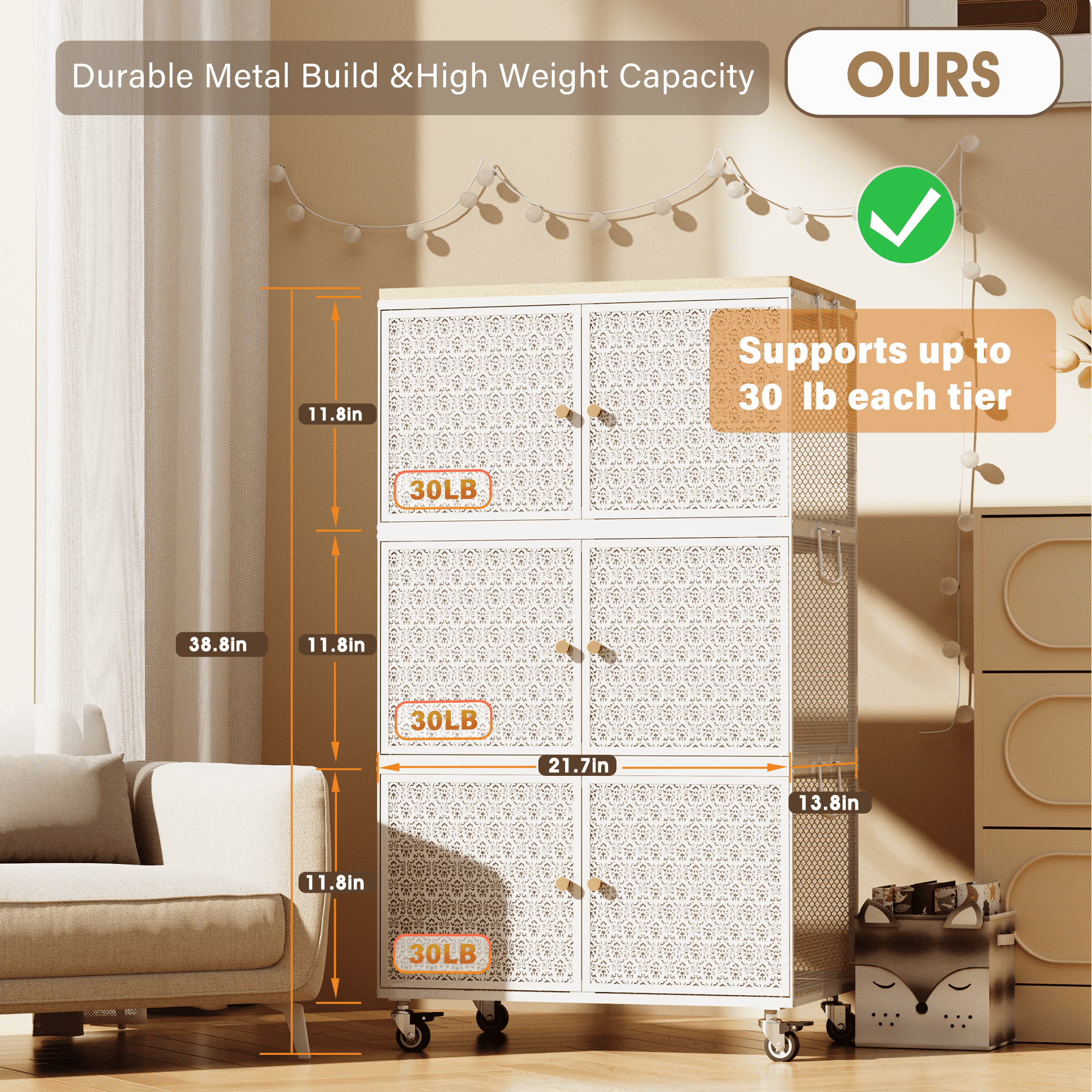 APONWILL 3-Tier Metal Storage Cabinet with Wheels, Magnetic-Closing Doors, and Dividers Effortless and Convenient for Living Rooms, Bedrooms, and Garages,21.65in Length.
