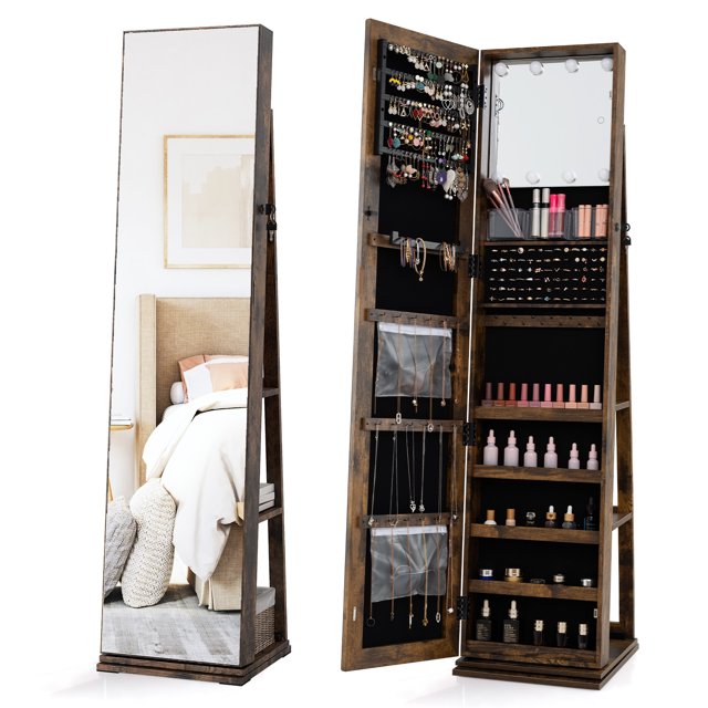 Gymax 360 degree Swivel Jewelry Cabinet w/Full Length Mirror Back Shelves Lights for Bedroom Rustic Brown