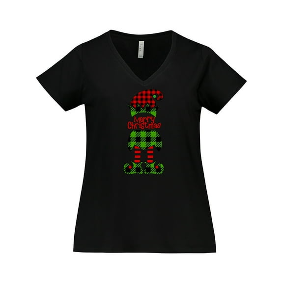 Inktastic Merry Christmas Elf in Red and Green Plaid Women's Plus Size V-Neck T-Shirt