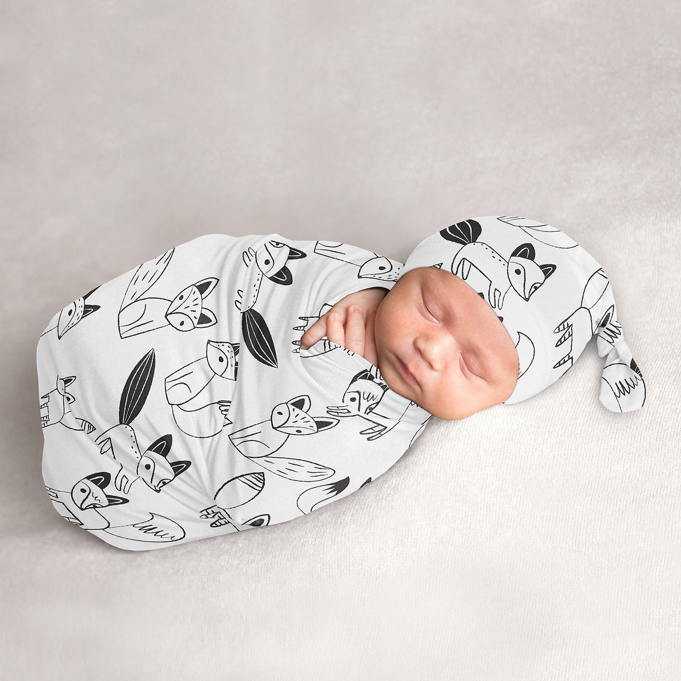Baby Swaddle Blanket with Beanie Hat Set Owl Zoo Animals Newborn Swaddle Wrap Nursery Sleepsack 